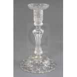A pedestal stem glass candlestick, circa 1740, with honeycomb moulded sconce and base and Silesian