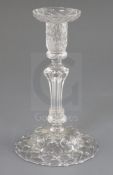 A pedestal stem glass candlestick, circa 1740, with honeycomb moulded sconce and base and Silesian