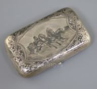 A late 19th century Russian 84 zolotnik silver and niello cigarette case, decorated with scene of