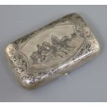 A late 19th century Russian 84 zolotnik silver and niello cigarette case, decorated with scene of