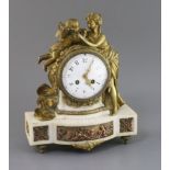A 19th century French ormolu, white marble and copper eight day mantel clock, surmounted with