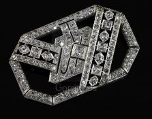 A 1950's/1960's Art Deco style platinum? and diamond set openwork brooch, of rectangular form with