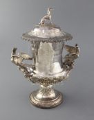 A good George IV silver two handled presentation cup and cover, by Samuel Hennell?, inscribed "Louth