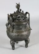 A rare Chinese archaistic bronze censer and cover, Xuande fifteen character mark but 19th century,