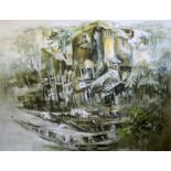 M. Sivanesan (Indian, 1940-2015)oil on canvas'Boats'signed and dated '8028.75 x 39in.