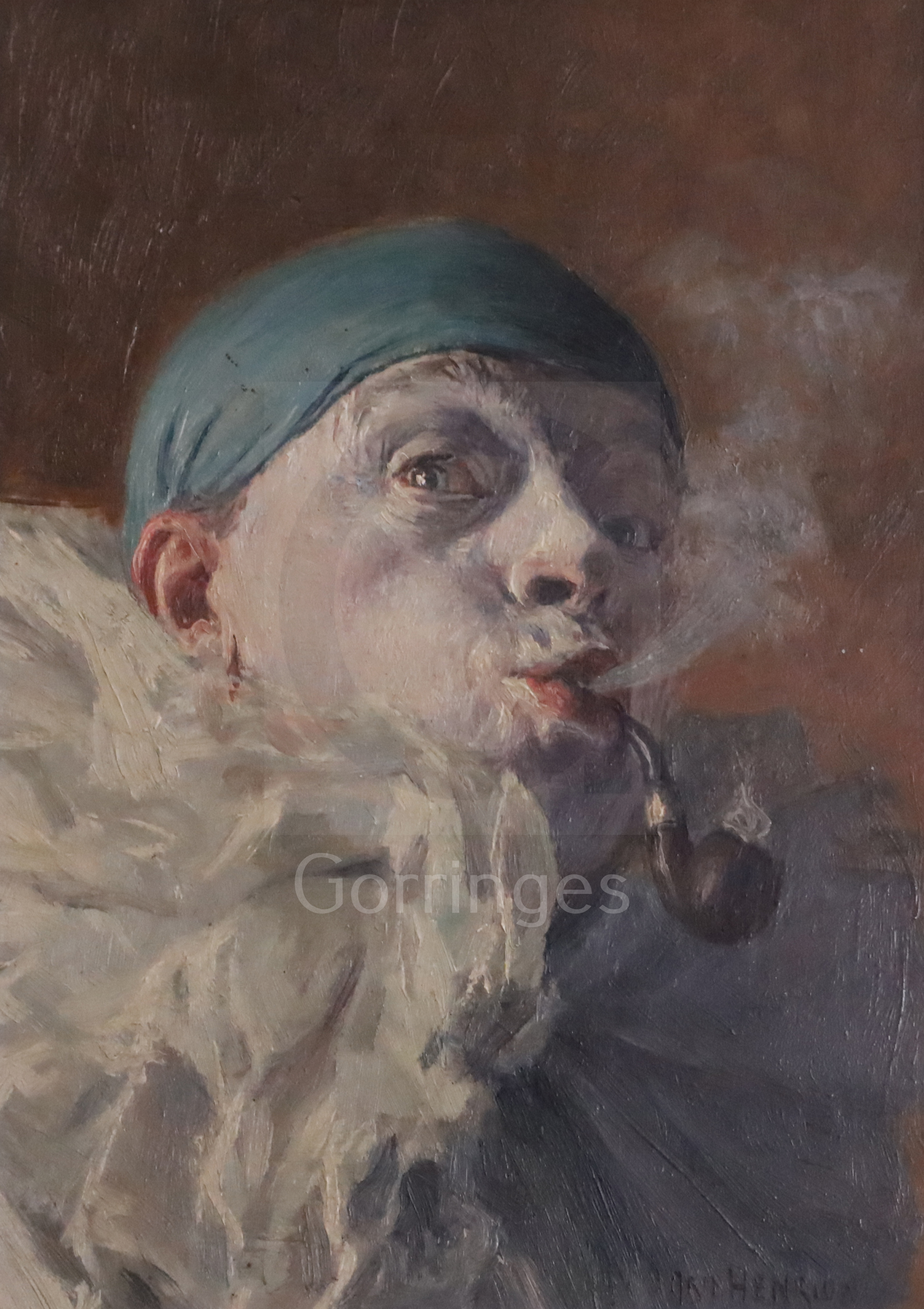 § Armand Henrion (1875-1958)oil on wooden panelClown smoking a pipesigned, Edouard Hautecoeur