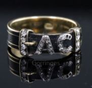 A Victorian gold, black enamel and rose cut diamond set mourning ring, with 'AC' initialled motif