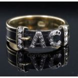 A Victorian gold, black enamel and rose cut diamond set mourning ring, with 'AC' initialled motif