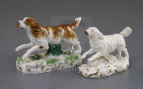 A Rockingham porcelain figure of a springer spaniel, c.1830 and a Samson copy, the gilt and white