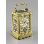 A French miniature brass and champleve enamel carriage timepiece, c.1900, decorated with panels of
