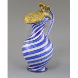 A French blue and white swirl glass ewer, possibly Clichy, mid 19th century, the ormolu-mounted