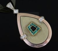 An early 20th century Austro-Hungarian 14ct gold, emerald and diamond set teardrop shaped pendant,