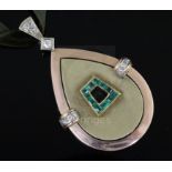 An early 20th century Austro-Hungarian 14ct gold, emerald and diamond set teardrop shaped pendant,