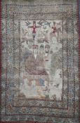 A 19th century Persian ivory ground pictorial rug, depicting a Shah, with animals, birds and other