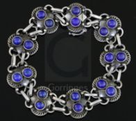 A Danish Georg Jensen sterling silver and lapis lazuli set bracelet, no.8, post 1945 mark, the