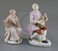 Two Continental porcelain figures of musicians, probably Thuringia, mid 18th century, the