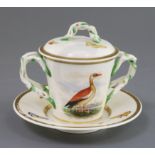 A rare Rockingham porcelain ornithological cup, cover and stand, c.1826-30, applied with entwined