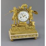 Viger of Paris. A Louis XVI ormolu and white marble mantel clock, modelled with figures of Roman