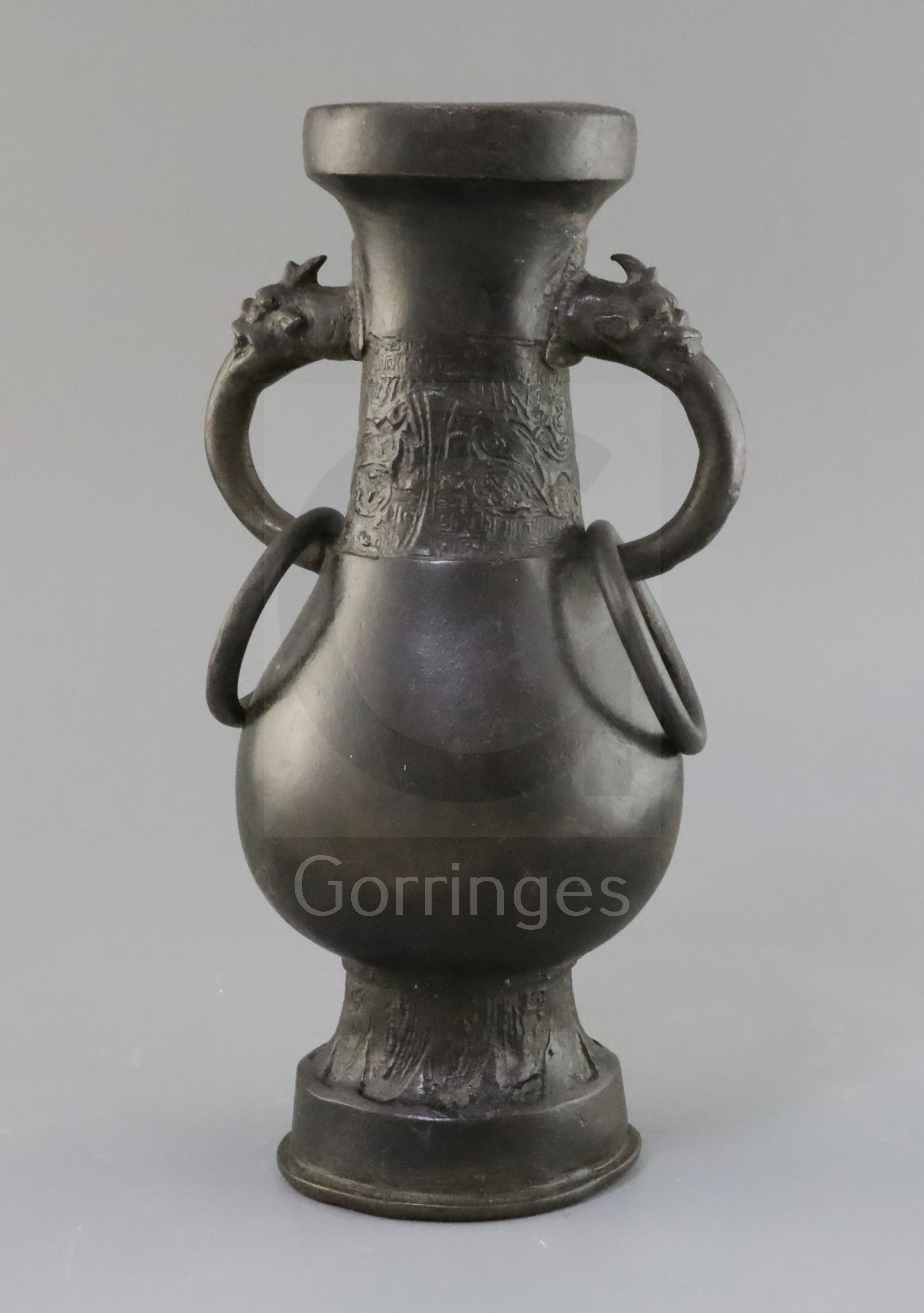 A Chinese bronze temple vase, Song-Yuan dynasty (12th-14th century), of flattened baluster shape - Image 2 of 3