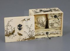 A Japanese gilt lacquered ivory model of a picnic set (Sage Jubako), Meiji period, the whole