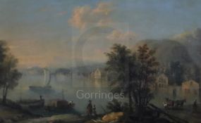 18th century French Schooloil on copper panelRiver landscape with figures overlooking a hay barge