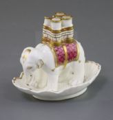 A Rockingham porcelain 'elephant' quill holder, c.1830-42, decorated in maroon and gilt, puce