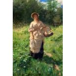 Percy Tarrant (1879-1930)watercolourWoman with a basket of wild flowersmonogrammed14.5 x 9.75in.