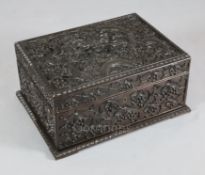 A Chinese hongmu casket, late 19th/early 20th century, carved in high relief with dragons amid