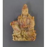 A Chinese soapstone figure of Guanyin, early 20th century, seated holding a vase, with peach