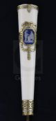 A Swiss gold-mounted ivory parasol handle, inset with a blue jasper plaque of classical figures