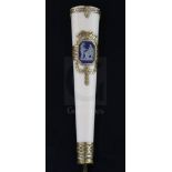A Swiss gold-mounted ivory parasol handle, inset with a blue jasper plaque of classical figures