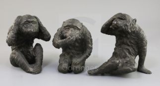 A set of Japanese bronze okimono of the three wise monkeys, Meiji period, Mizaru, covering his eyes,