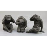 A set of Japanese bronze okimono of the three wise monkeys, Meiji period, Mizaru, covering his eyes,