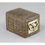 A Korean silver inlaid iron box, 19th century, with sliding cover, decorated with characters to four