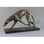 Attributed to Irene Rochard. An Art Deco bronze model of a greyhound, on black marble plinth, length