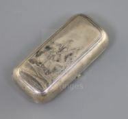 A 19th century Russian 84 zolotnik small silver and niello cigarette case, decorated with a soldier,