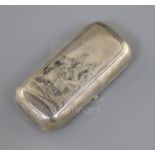 A 19th century Russian 84 zolotnik small silver and niello cigarette case, decorated with a soldier,