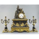 A 19th century French bronze, ormolu and black marble mantel clock, by C. Detouche, surmounted