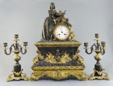 A 19th century French bronze, ormolu and black marble mantel clock, by C. Detouche, surmounted