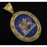 A Victorian gold mounted oval micro mosaic locket pendant, depicting the winged lion of St Mark,