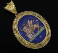 A Victorian gold mounted oval micro mosaic locket pendant, depicting the winged lion of St Mark,