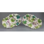 A pair of Chelsea botanical vine leaf dishes, c.1755 and a a pair of similar Bow dishes, c.1758,