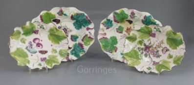 A pair of Chelsea botanical vine leaf dishes, c.1755 and a a pair of similar Bow dishes, c.1758,