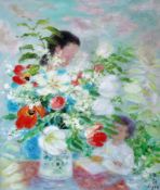 Le Pho (Vietnamese-French, 1907-2001)oil on canvasMother and child arranging flowers in a vase,