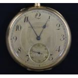 An engine turned 14ct gold International Watch Co. open face keyless pocket watch, with Arabic
