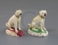 Two Rockingham porcelain figures of seated pug dogs, c.1830, one seated on a maroon base, the