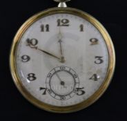 An 18ct two colour gold keyless dress pocket watch and an 18ct two colour gold albert hung with a