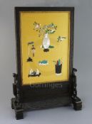 A Chinese hardstone, mother of pearl and ivory mounted table screen, early 20th century, applied