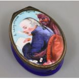 An early 19th century Bilston enamel snuff box, decorated with a lawyer and the devil and