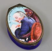 An early 19th century Bilston enamel snuff box, decorated with a lawyer and the devil and